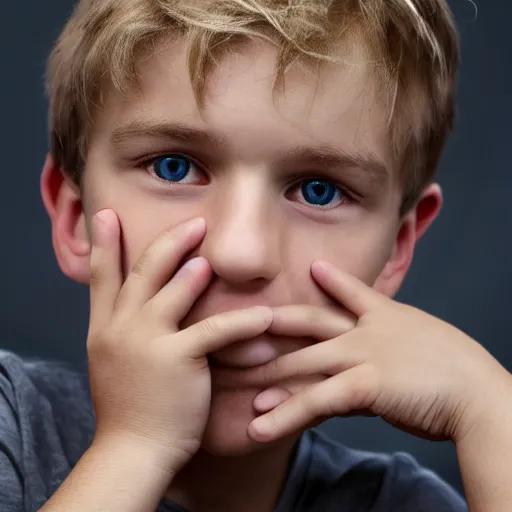 Prompt: portrait of a boy with his right hand on his face, extremely realistic and real, photorealistic, blonde hair and blue eyes, detailed facial structure, real eyes that are detailed,