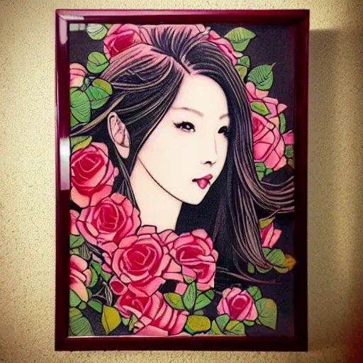 Image similar to tattoo design, stencil, traditional, portrait of a beautiful japanese girl framed by roses by artgerm, artgerm