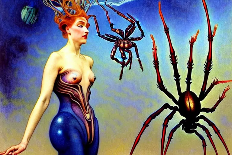 Prompt: realistic extremely detailed portrait painting of a fully dressed woman with a giant spider, futuristic sci-fi landscape on background by Jean Delville, Amano, Yves Tanguy, Alphonse Mucha, Ernst Haeckel, Edward Robert Hughes, Rolf Armstrong, rich moody colours, blue eyes