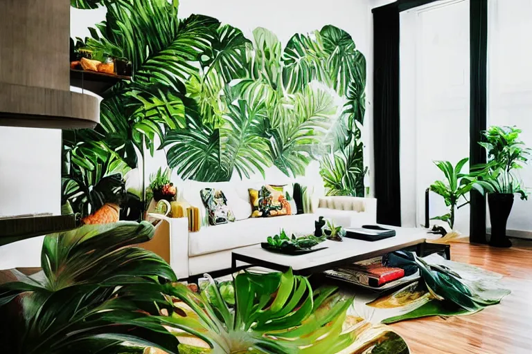 Prompt: tropical interior urban jungle inspiration modern apartment bachelor pad