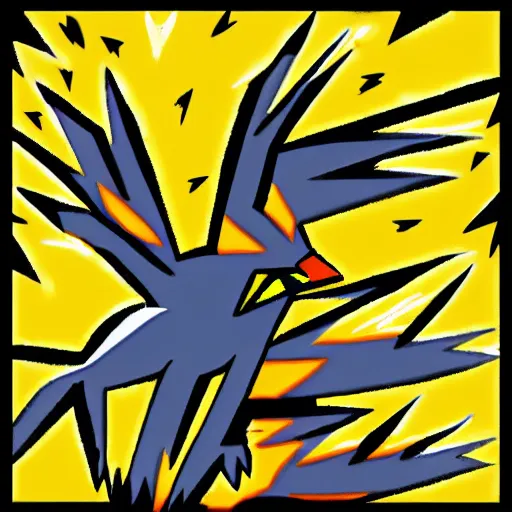 Prompt: zapdos. thunderbird pokemon. zapdos zapdos zapdos. spiky bird. birdform. flying lightning bird. yellow color.