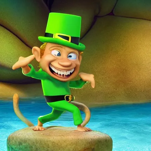 Prompt: leprechaun in speedos, 3 d animated pixar illumination studios animated movie by pete docter, extremely joyful and eerie smiles, slimy fluid liquid