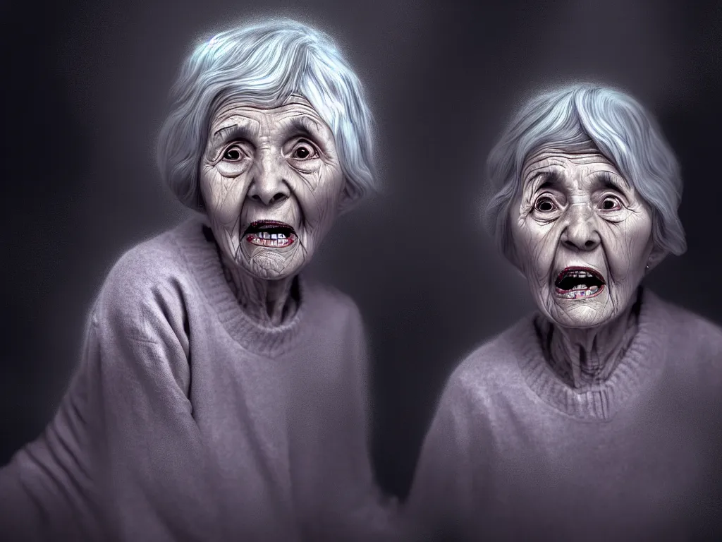 Prompt: an old lady describing loneliness and anxiety as ghosts come out of her mouth, digital painting, highly detailed, 4 k, art by miguel alandia pantoja