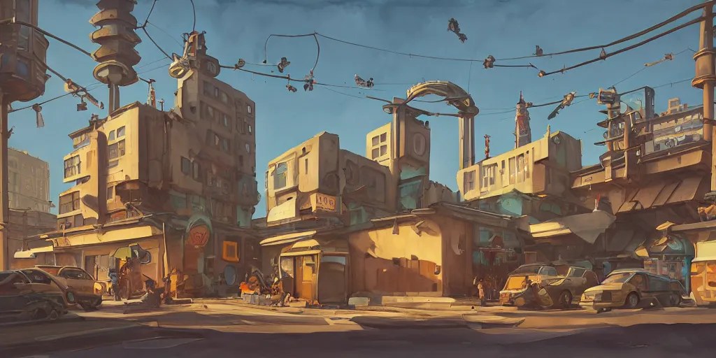 Image similar to overwatch building, stylized, exterior, architecture, in watercolor gouache detailed paintings, insanely detail, artstation, 8 k, futuristic, big medium small, arcane, simon stalenhag, food stall, interesting shapes & form, golden ratio, megastructures, vitaly bulgarov, slums, junkyard