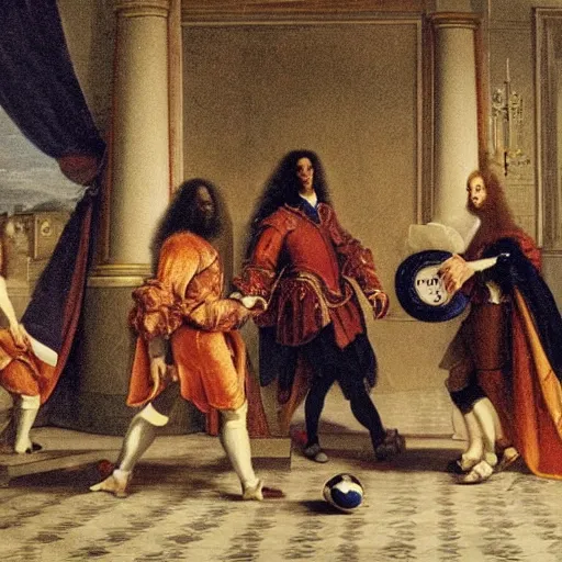 Prompt: Louis XIV playing soccer