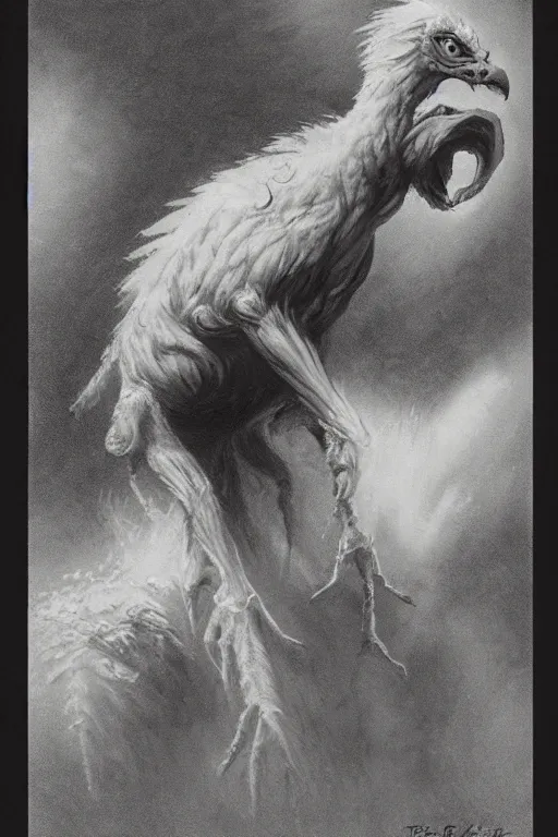 Image similar to shabby griffin,art by Earle K. Bergey and Tom Fleming,trending on artstation, silty lighting low angle view,positivism ,american romanticism ,Eraserhead ,creature concept art,tintype ,