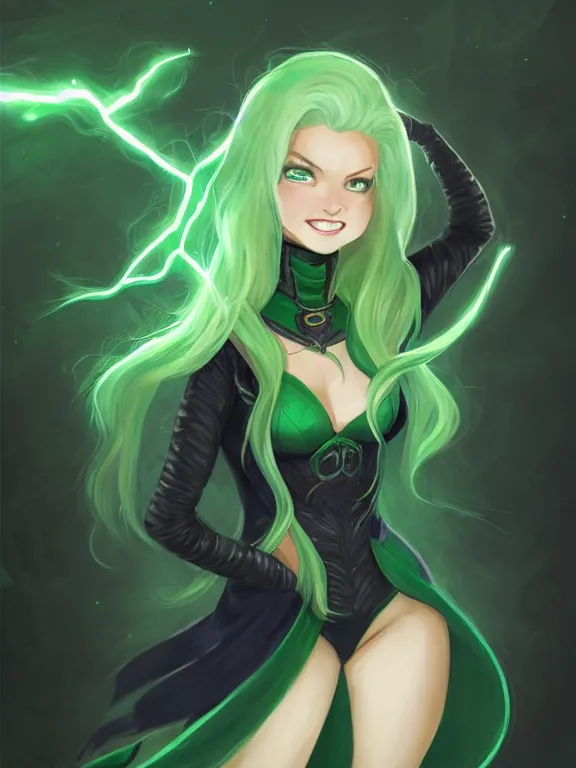 Prompt: full body portrait of a female wizard in a classroom, skintight black bodysuit, blue robes, green hair, attractive, green eyes, white face, cute smile, lightning, very detailed face, highly detailed, dnd, high fantasy, digital illustration, by rossdraws