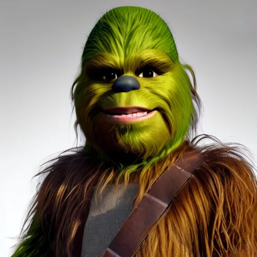 Image similar to chewbacca as shrek, highly detailed, extremely high quality, hd, 4 k, 8 k, canon 3 0 0 mm, professional photographer, 4 0 mp, lifelike, top - rated, award winning, realistic, detailed lighting, detailed shadows, sharp, no blur, edited, corrected, trending