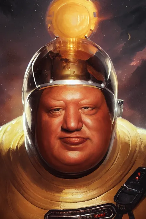 Image similar to portrait of a black baron harkonnen wearing leather spacesuit, detailed, sunshine, nebula space background, illustration by normal rockwell, artstation character art, adebanji alade, concept art, greg rutkowski