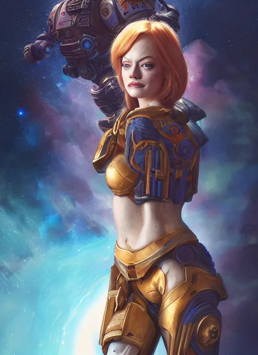 Prompt: cosmic portrait of emma stone as a space marine, apocalypse, naturel, hyper detailed, digital art, trending in artstation, cinematic lighting, studio quality, smooth render, unreal engine 5 rendered, octane rendered, art style by klimt and nixeu and ian sprigger and wlop and krenz cushart.