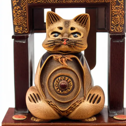 Image similar to demure anthropomorphic cat figurine wearing a kimono, brown resin, highly detailed, intricate, monotone, shy looking down