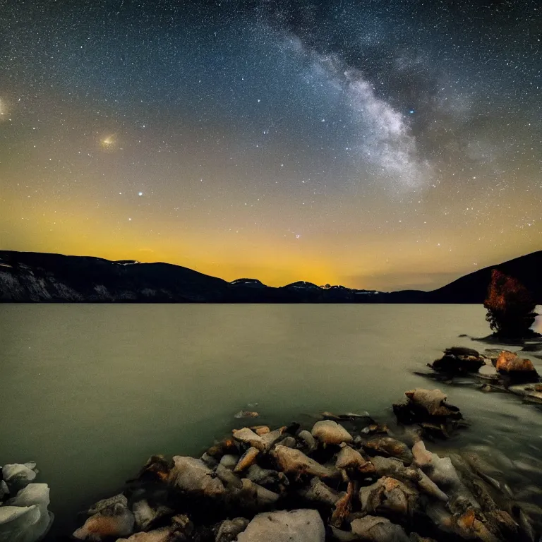 Prompt: beautiful landscape photography, iceberg, a lake, a tree in the foreground, night, milky way