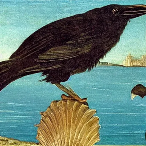 Prompt: high quality oil painting by botticelli, a raven bird standing on a seashell