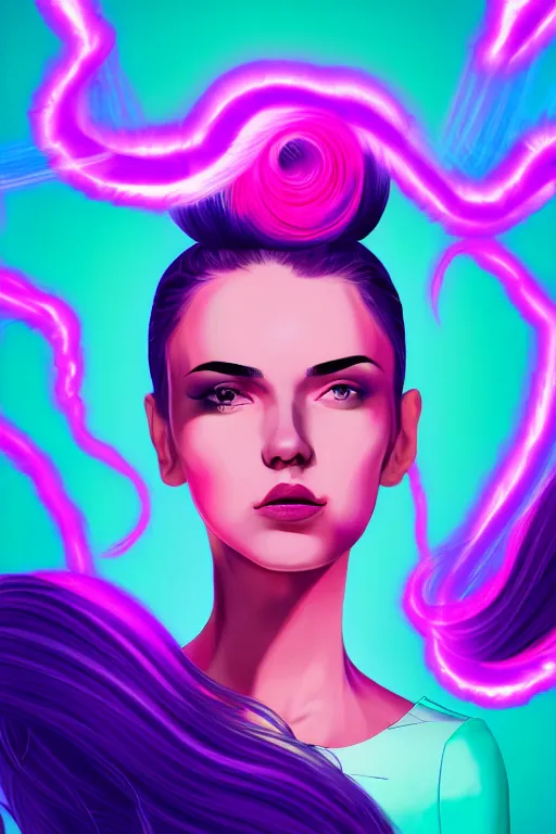 Image similar to a award winning half body portrait of a beautiful woman in a croptop and cargo pants with ombre purple pink teal hairstyle with head in motion and hair flying, surrounded by whirling illuminated lines, outrun, vaporware, shaded flat illustration, digital art, trending on artstation, highly detailed, fine detail, intricate