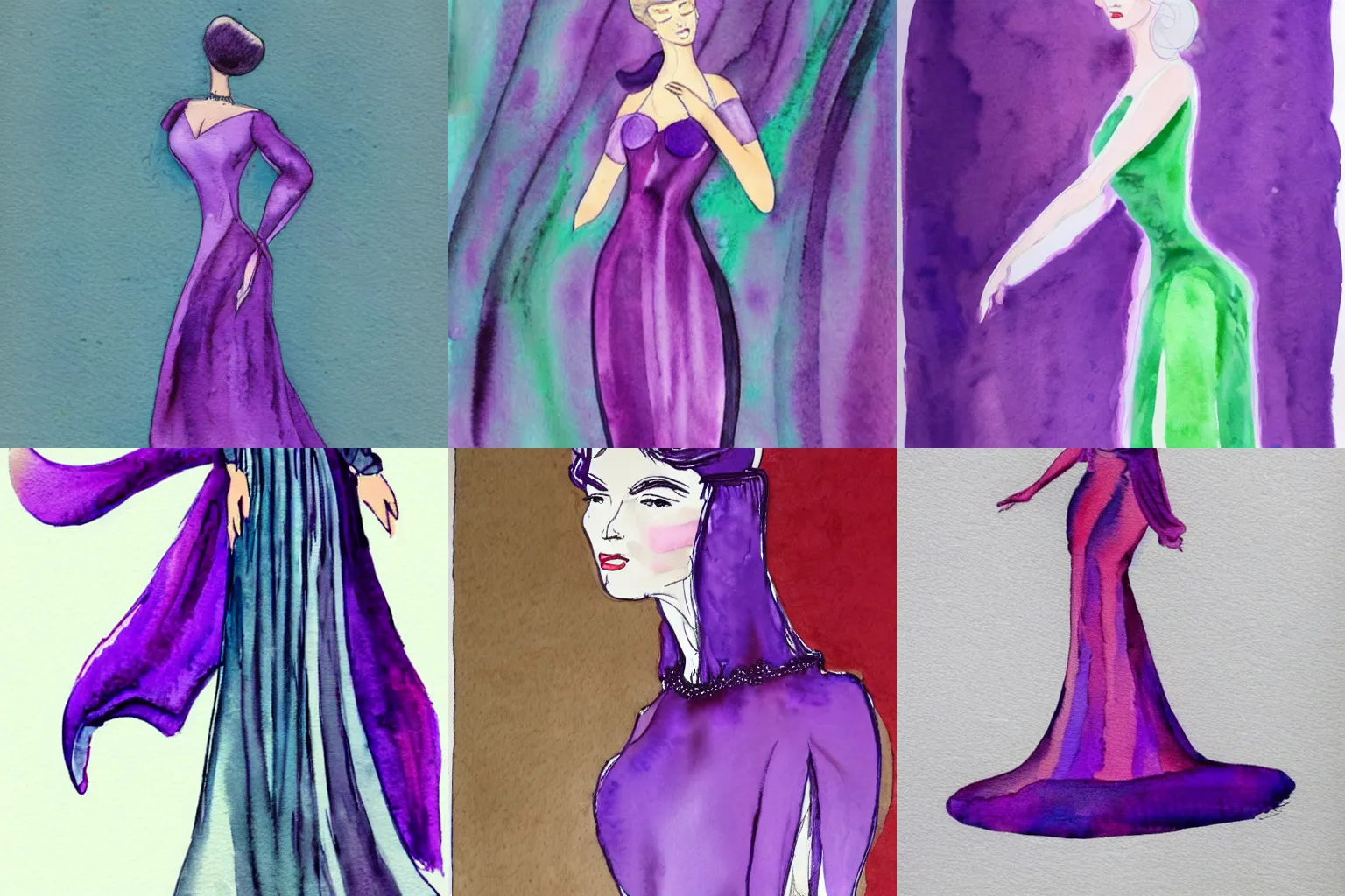 Prompt: Pretty futuristic lady with a long, illustrious dress, purple colors, drawn in watercolor