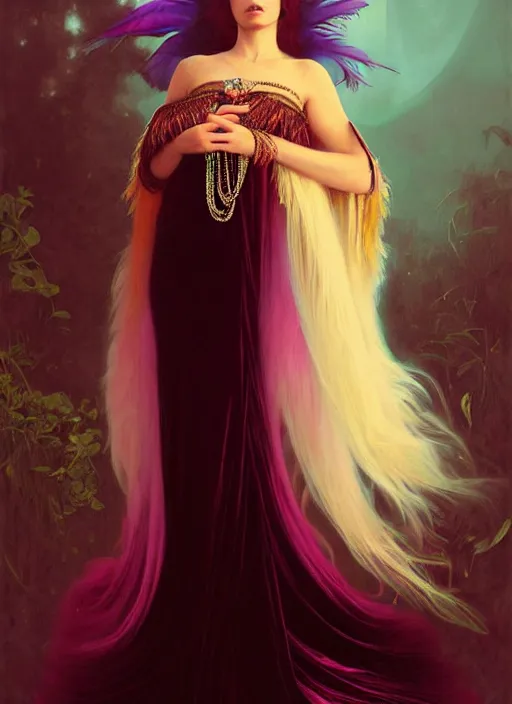 Image similar to ombre velvet gown, feathers, lovely bohemian princess, portrait, long white hair, tiara, dozens of jeweled necklaces, feral languid woman, by greg rutkowski, brom, anato finnstark, alphonse mucha