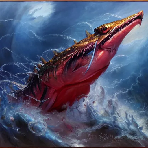 Prompt: detailed wide shot red gyrados in water shooting hyperbeam from fanged mouth angry intricate, hyper detailed, realistic, oil painting, by julie bell, frank frazetta, cinematic lighting