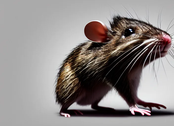 Prompt: portrait of small bipedal fantasy realistic rat rodent!! firing alien fantasy gun weapon, barrel at towards screen, cinematic, portrait, macro, from the new science fiction movie, white background, 8 k, f 1. 8!!!