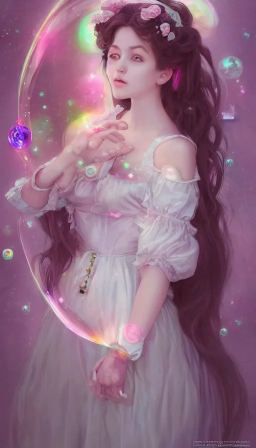 Image similar to portrait of magical lolita girl, dreamy and ethereal, expressive pose, big pink eyes, peaceful expression, , fantasy, intricate, elegant, many rainbow bubbles, rose tones, highly detailed, digital painting, artstation, concept art,cyberpunk dress, smooth, sharp focus, illustration, art by artgerm and greg rutkowskiand alphonse mucha