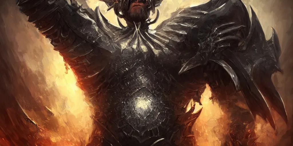 Image similar to Portrait of King of hate standing on his throne , 4k, Wlop style, artstation, black armor, digital art, artstation top, fantasy
