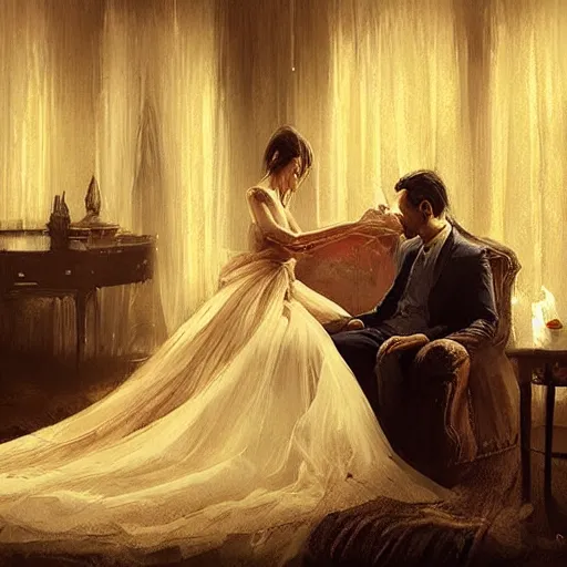 Prompt: Consummating the marriage, darkened room, vintage colors, elegant interior, by Greg Rutkowski and artgerm, high detail