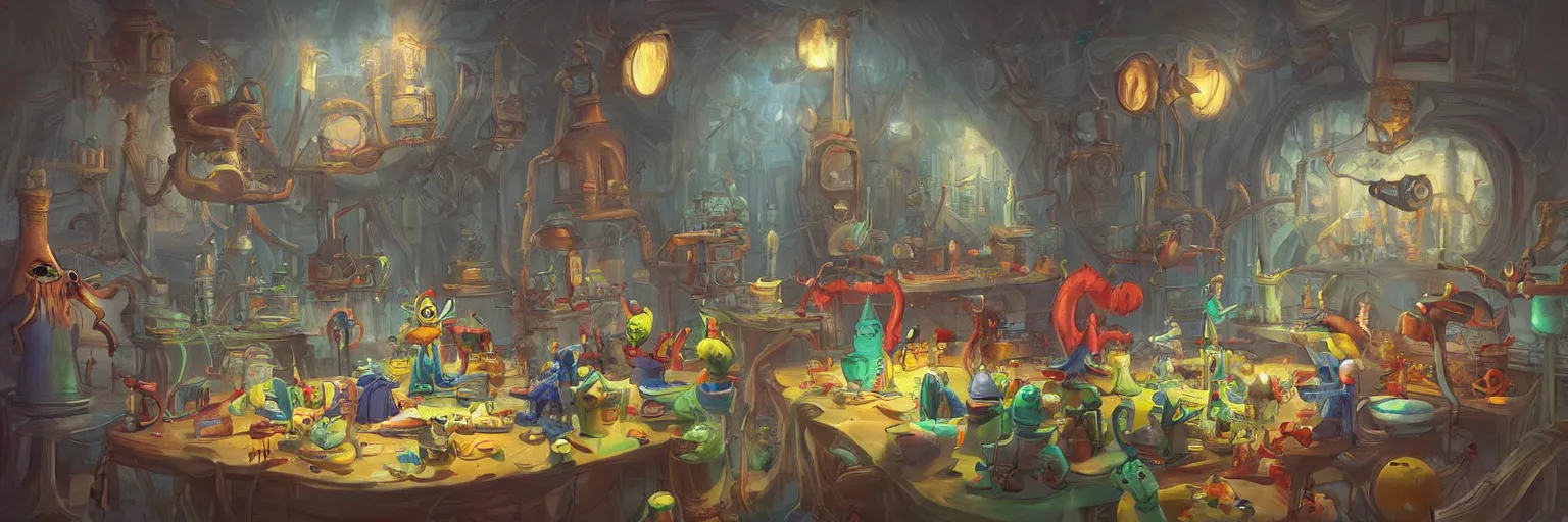 Image similar to 4K concept art of a wizards laboratory, digital art by Dr Seuss, masterpiece trending on artstation