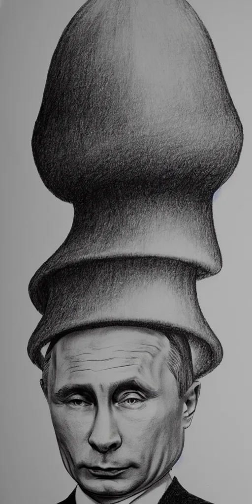 Image similar to vladimir putin with a nuclear mushroom cloud hat, cartoonish, ultra detailed pencil drawing