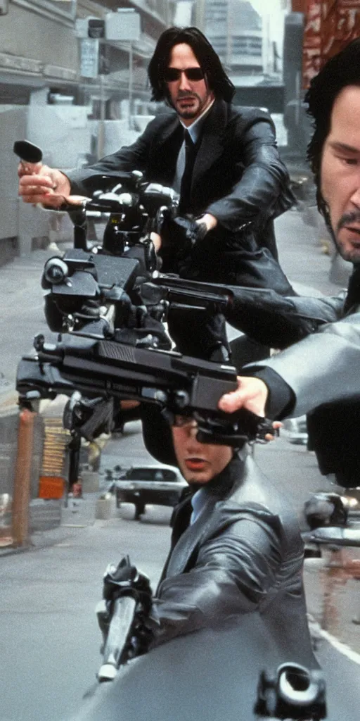 Image similar to beautiful hyperrealism three point perspective film still of Keanu Reeves as neo aiming two uzi at agent smith in a nice oceanfront promenade motorcycle chase scene in Matrix meets ronin(1990) extreme closeup portrait in style of 1990s frontiers in translucent porclein miniature street photography seinen manga fashion edition, miniature porcelain model, focus on face, eye contact, tilt shift style scene background, soft lighting, Kodak Portra 400, cinematic style, telephoto by Emmanuel Lubezki
