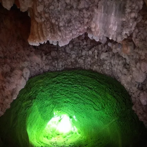 Prompt: Look at this hole in the ground! I found a crystal cave inside! They're glowing!