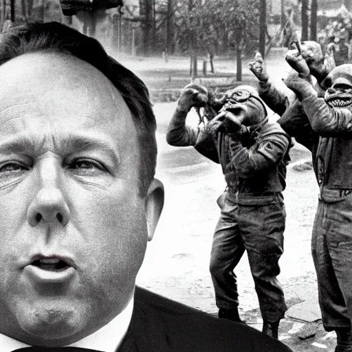 Image similar to alex jones getting attacked by an army of gay frogs, world war 2 video footage, historic,