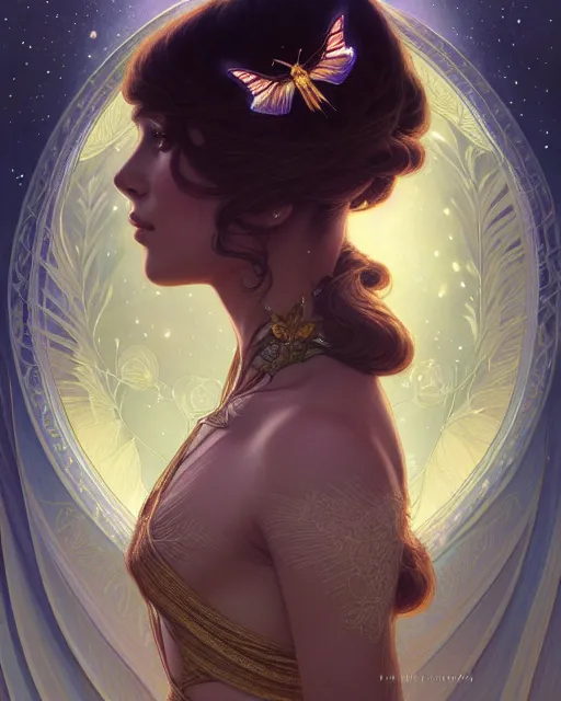 Image similar to symmetry portrait of brunette princess, glam, fae, fireflies, forest background, intricate, elegant, highly detailed, digital painting, artstation, concept art, smooth, sharp focus, illustration, art by artgerm and greg rutkowski and fra angelico and alphons mucha