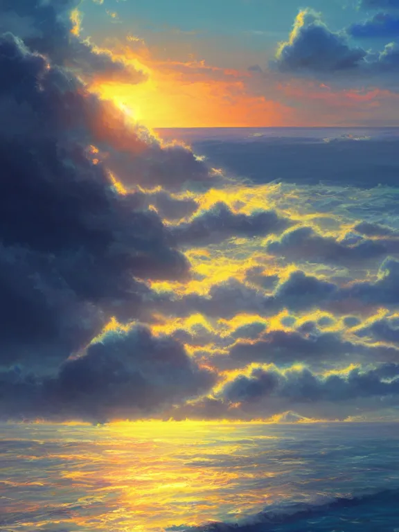 Image similar to a beautiful illustration of the ocean at sunrise by Makoto Shinkai