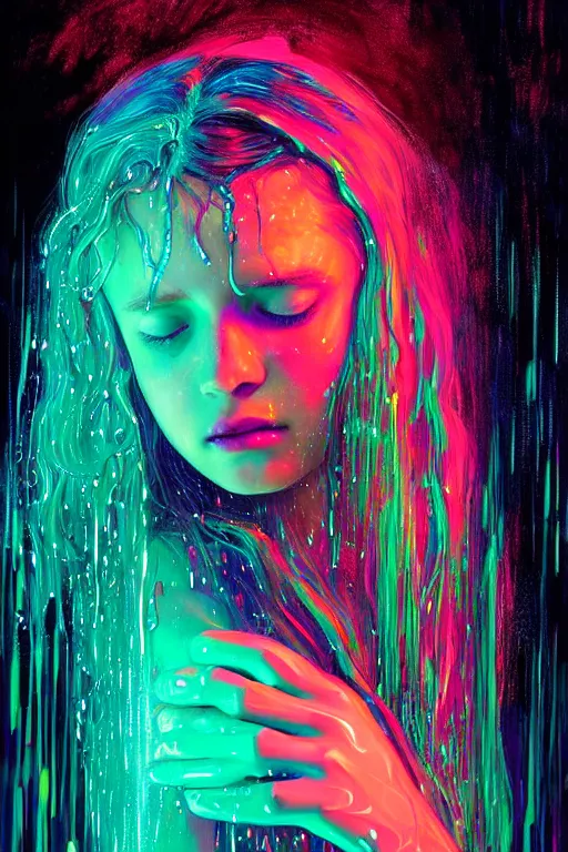 Image similar to portrait of a girl in the glowing neon rain with wet hair and face, fantasy, intricate, elegant, dramatic lighting, emotionally evoking symbolic metaphor, highly detailed, lifelike, photorealistic, digital painting, artstation, concept art, smooth, sharp focus, illustration, art by John Collier and Albert Aublet and Krenz Cushart and Artem Demura and Alphonse Mucha