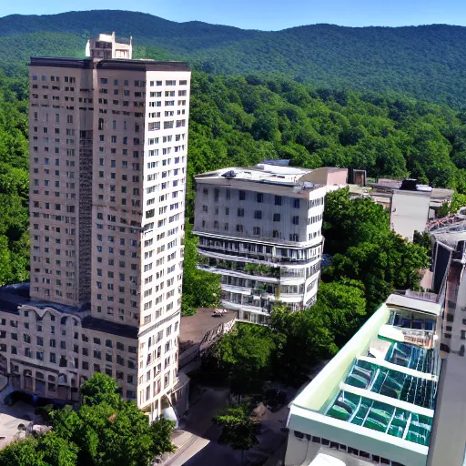 Prompt: super tall hotel above the asheville, nc skyline