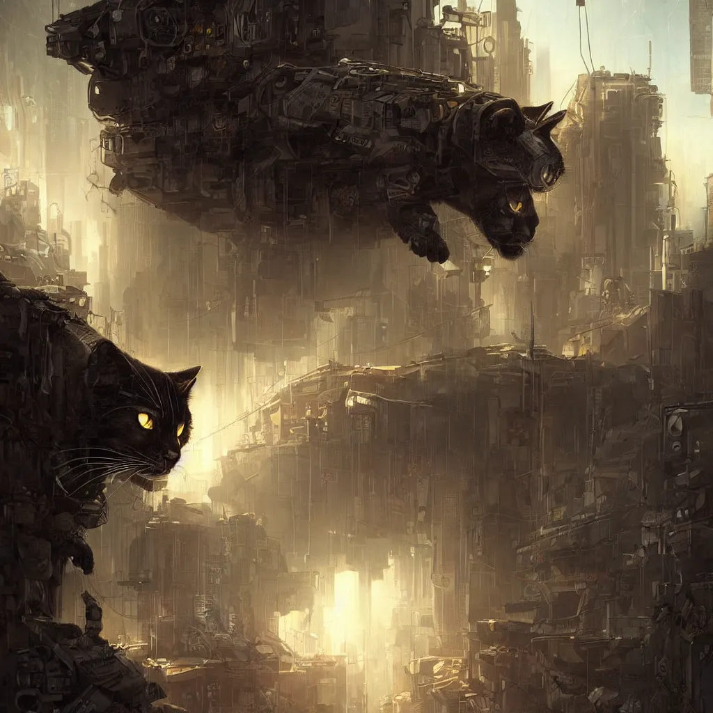 Prompt: epic cyberpunk cat closeup, dramatic lighting, artwork by hubert robert