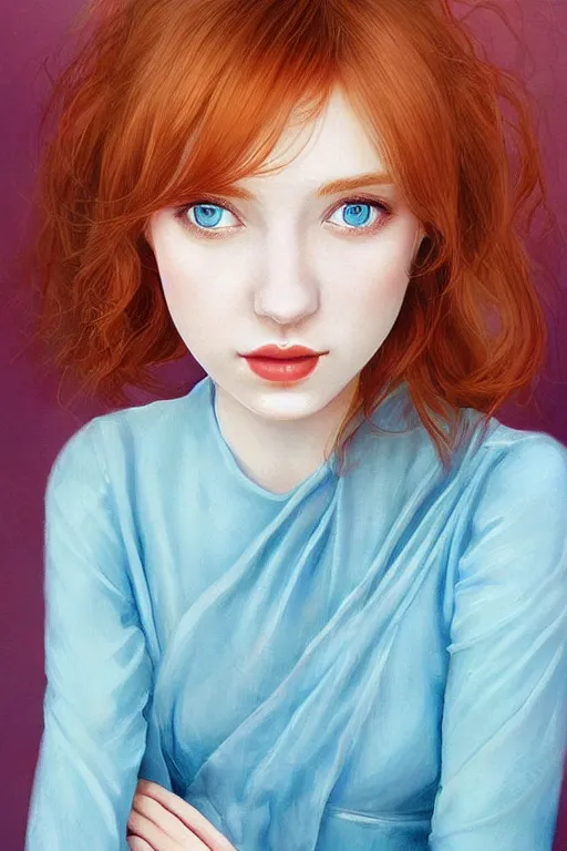 Prompt: a portrait of a young woman with ginger hair and light blue eyes wearing a traditional silk dress with very long sleeves. she looks at the viewer with a curious, witty expression. beautiful painting by artgerm and jia ruan.