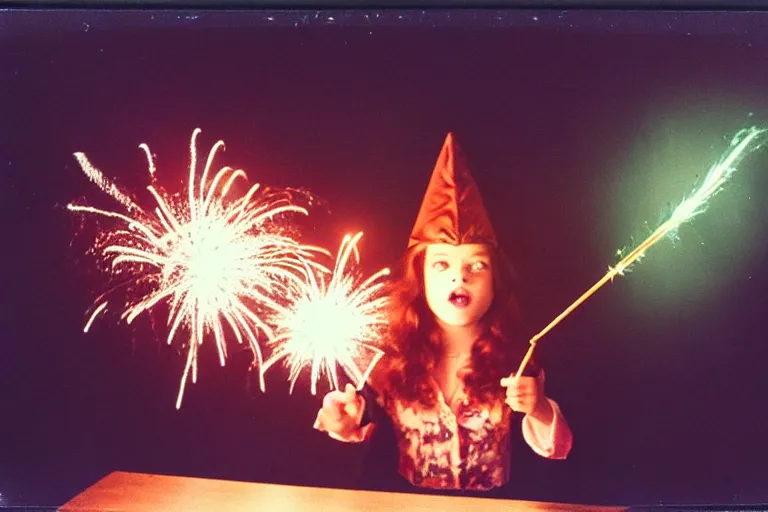 Image similar to close up portrait, dramatic lighting, teen witch aggressively pointing a magic wand casting a spell over a table, fireworks, cat on the table in front of her, sage smoke, magic wand, a witch hat cloak, apothecary shelves in the background 1 9 7 0's photo, polaroid, damaged film