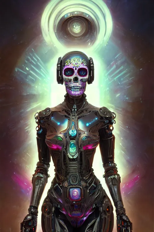 Image similar to ultra detailed, female android, scifi, fantasy, octane render, ( dia de los muertos, triadic color scheme, asymmetrical, intricate detailed, global illumination, concept art, art by godmachine and michael welan and rossdraws and artgerm and greg rutkowski and alphonse mucha and loish and wlop. 8 k, hdr