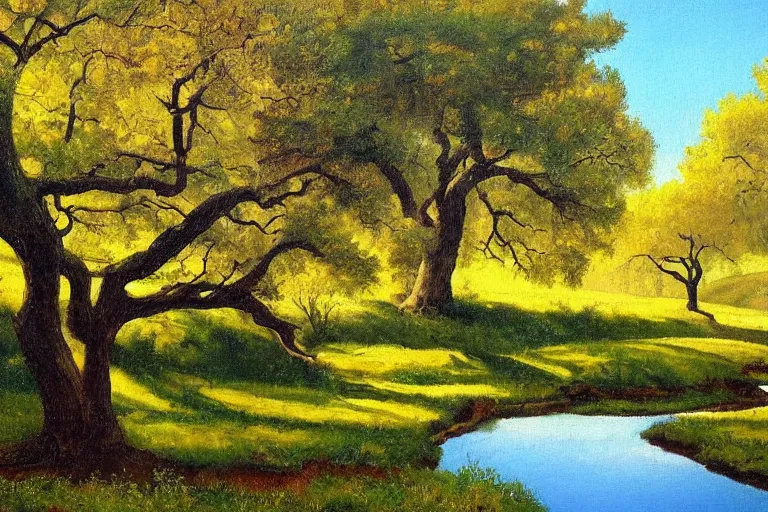 Image similar to masterpiece painting of oak trees on a hillside overlooking a creek, by alexey steele