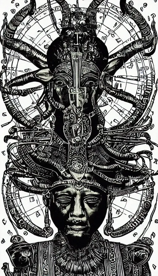 Image similar to the emperor, ram horns sprouting from his head, golden taurus, mars energy, ankh, wisdom, tarot, black and white painting, by daniel martin diaz
