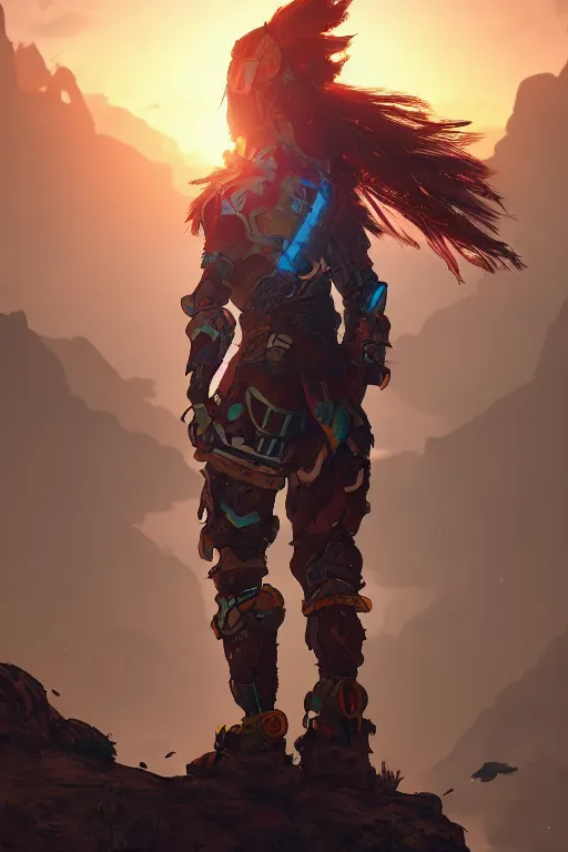 Image similar to combination suit armor aloy horizon forbidden west horizon zero dawn radiating a glowing aura global illumination ray tracing hdr fanart arstation by ian pesty and alena aenami artworks in 4 k tribal robot ninja mask helmet backpack