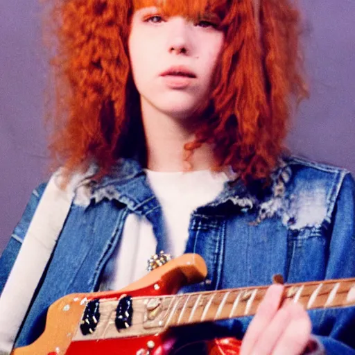 Image similar to 19-year-old girl, thick red shaggy hair, wearing leather jacket and denim jeans, holding electric guitar, stoner rock, proto-metal, super 8mm, 1973