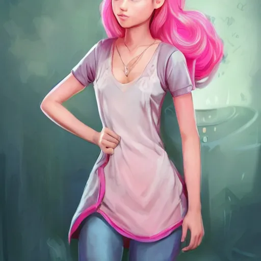 Prompt: very very very beautiful pink gamer girl wearing headphones with a unicorn horn coming out of her head standing in a pink girls room, full body portrait, eye contact, smiling, perfect face, perfect body, extreme long shot, drawn by artgerm and charlie bowater