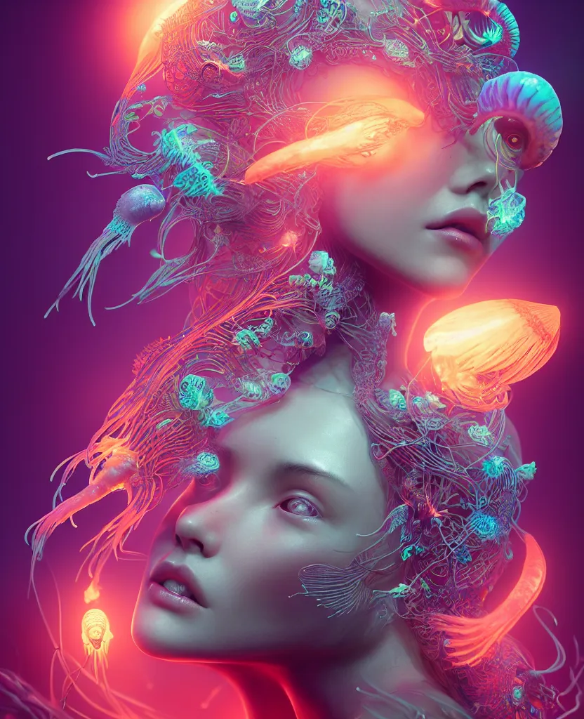 Image similar to goddess close-up portrait. orchid jellyfish phoenix head, nautilus, skull, betta fish, bioluminiscent creatures, intricate artwork by Tooth Wu and wlop and beeple. octane render, trending on artstation, greg rutkowski very coherent symmetrical artwork. cinematic, hyper realism, high detail, octane render, 8k