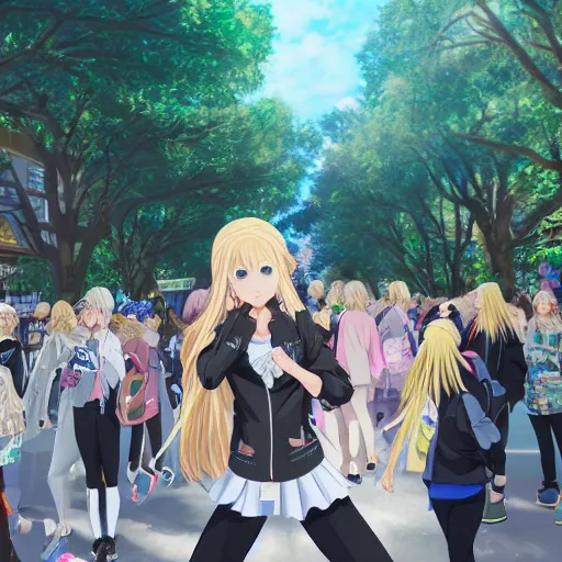 Image similar to blonde - haired princess, anime princess, wearing black jacket and white leggings, looking through crowd, town street, festival street, trees, green trees, blue lighting, blue sunshine, strong lighting, strong shadows, vivid hues, ultra - realistic, sharp details, subsurface scattering, intricate details, hd anime, 2 0 1 9 anime