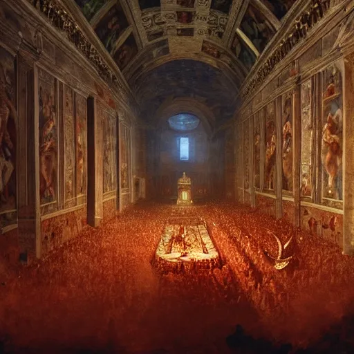 Image similar to the sistine chapel's ceiling is broken is half as a red magical portal from hell opens up, lucifer morningstar emerges along with a few demons, the priests and the pope look at the scene with terror in their eyes. highly detailed painting by gaston bussiere, greg rutkowski, craig mullins 8 k