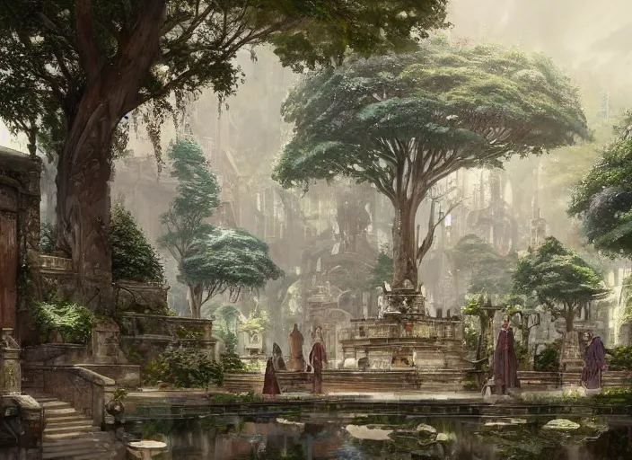 Image similar to A wide open courtyard in a beautiful elven city made of ivory, anime, lush trees, fountain, a fantasy digital painting by Greg Rutkowski and James Gurney, trending on Artstation, highly detailed