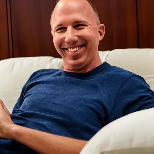 Prompt: film still of peter dutton laying on a couch smiling at the camera holding a pillow on his lap