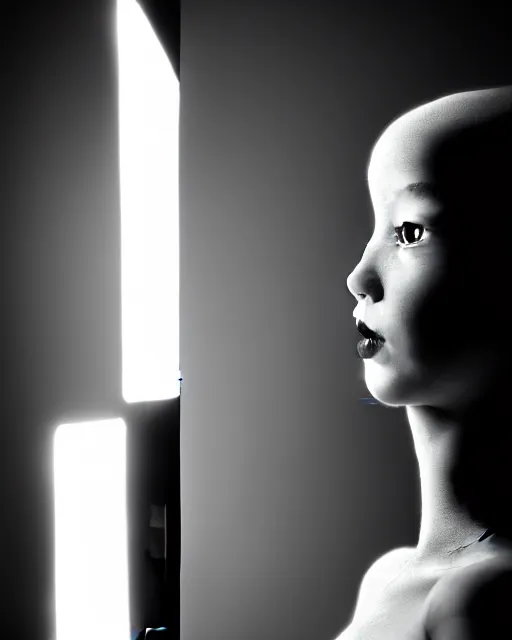 Image similar to black and white high quality photo of a female AI-cyborg-doll looking into a sci-fi mirror, volumetric lighting, hyperdetailed, masterpiece, elegant, dark, in the style of Man Ray,