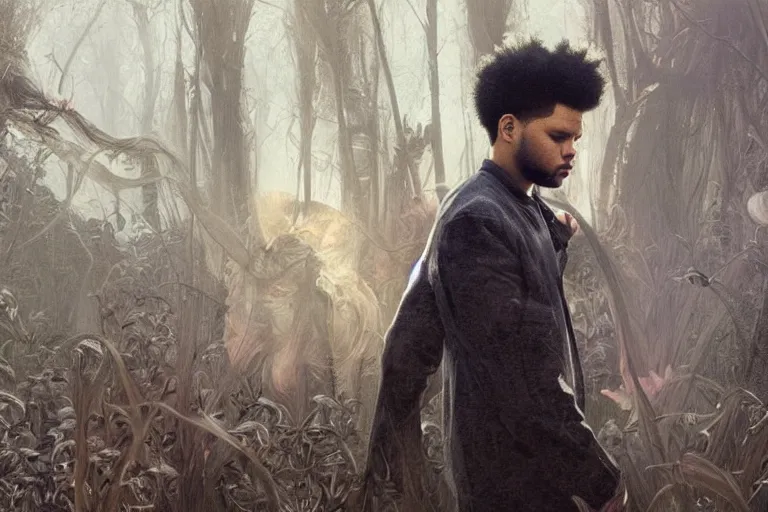 Image similar to Music video screenshot of The Weeknd song Save your tears, unreal, fantasy, intricate, elegant, dramatic, highly detailed, photorealistic, digital painting, painterly, artstation, concept art, smooth, sharp focus, art by John Collier and Krenz Cushart and Artem Demura and Alphonse Mucha and Albert Aublet